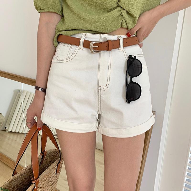 Beige Buttoned Waist Cuffed Cotton Short - Yosummer