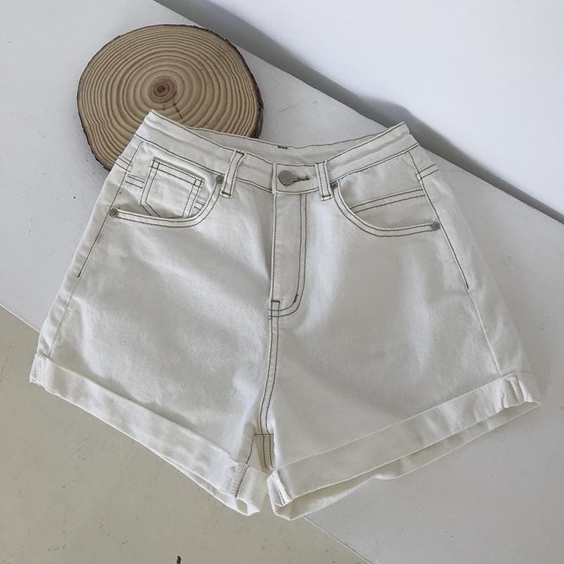 Beige Buttoned Waist Cuffed Cotton Short - Yosummer