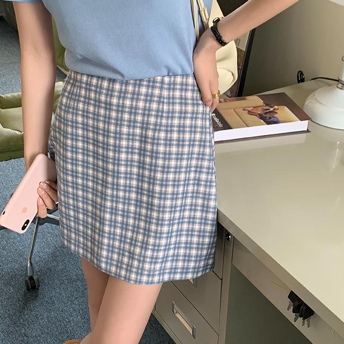 Color Block TR Checked High Waist Slim Mini Pencil Skirt - Yosummer