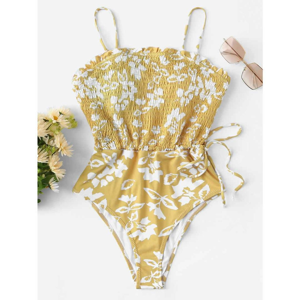 Floral Smocked Frill One Piece Swimsuit - Yosummer