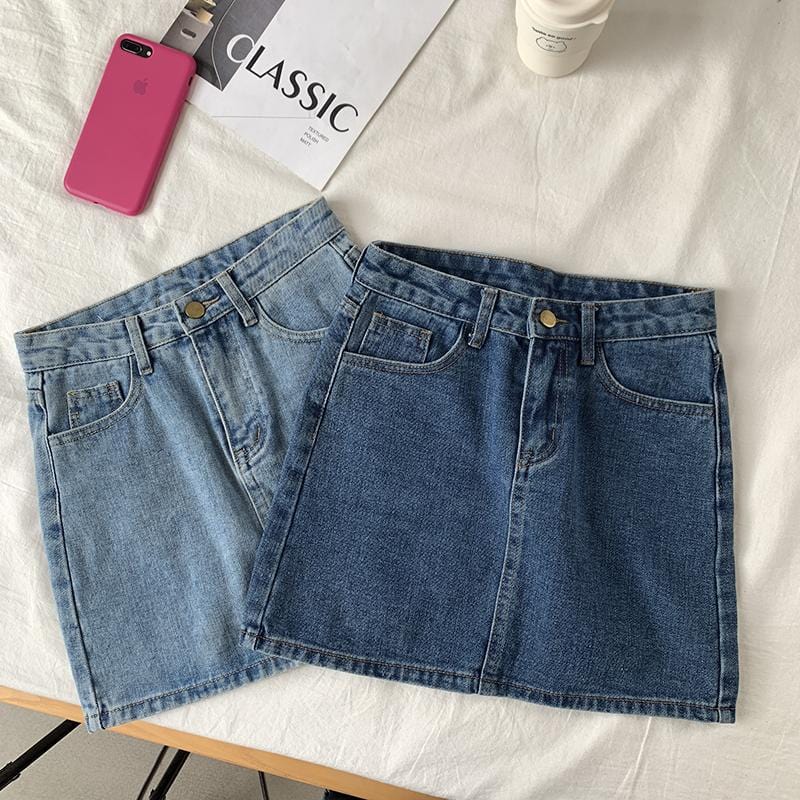 High Waist Basic Wash Denim Pencil Skirt - Yosummer