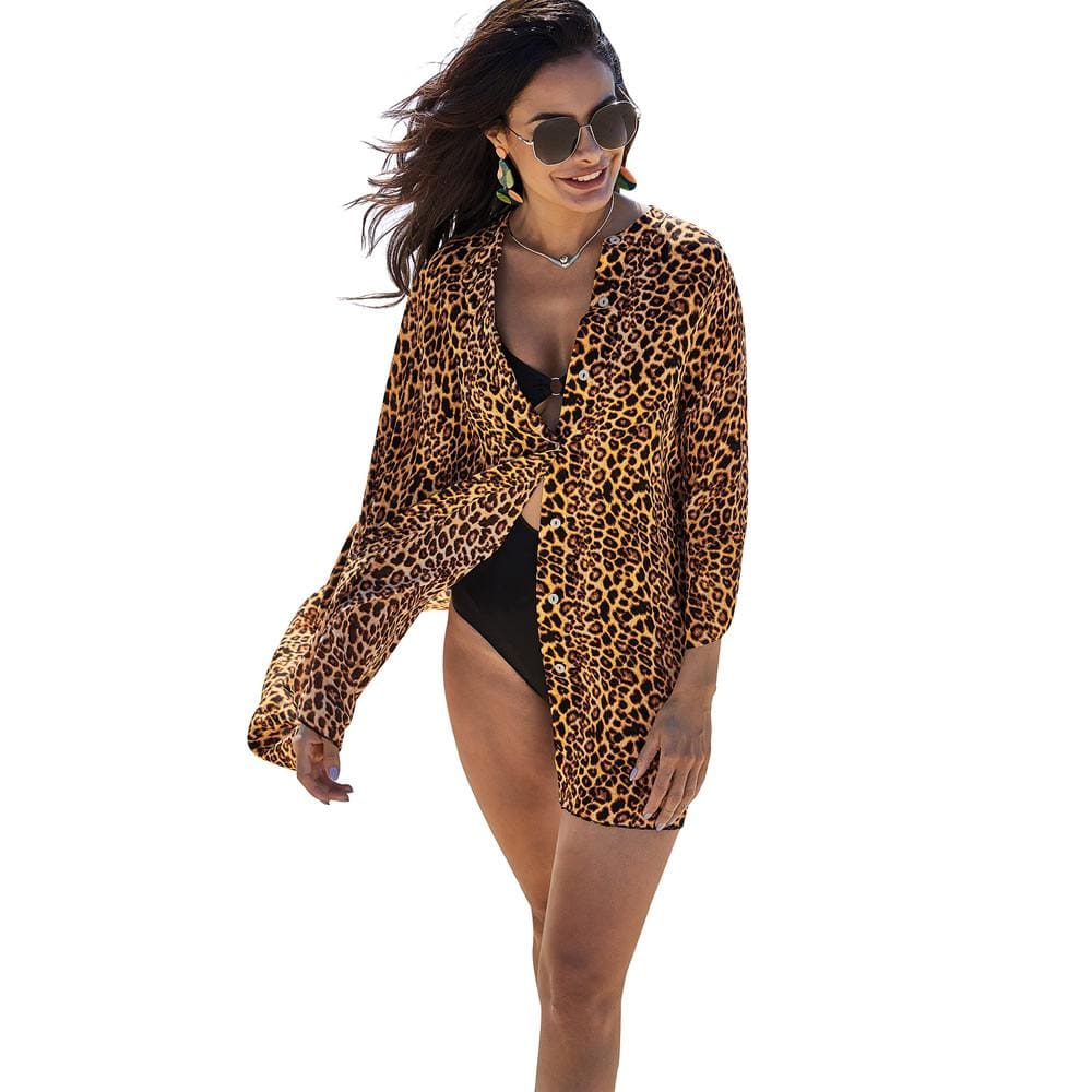 Leopard Pattern Chiffon V Neck Swimsuit Cover Up - Yosummer