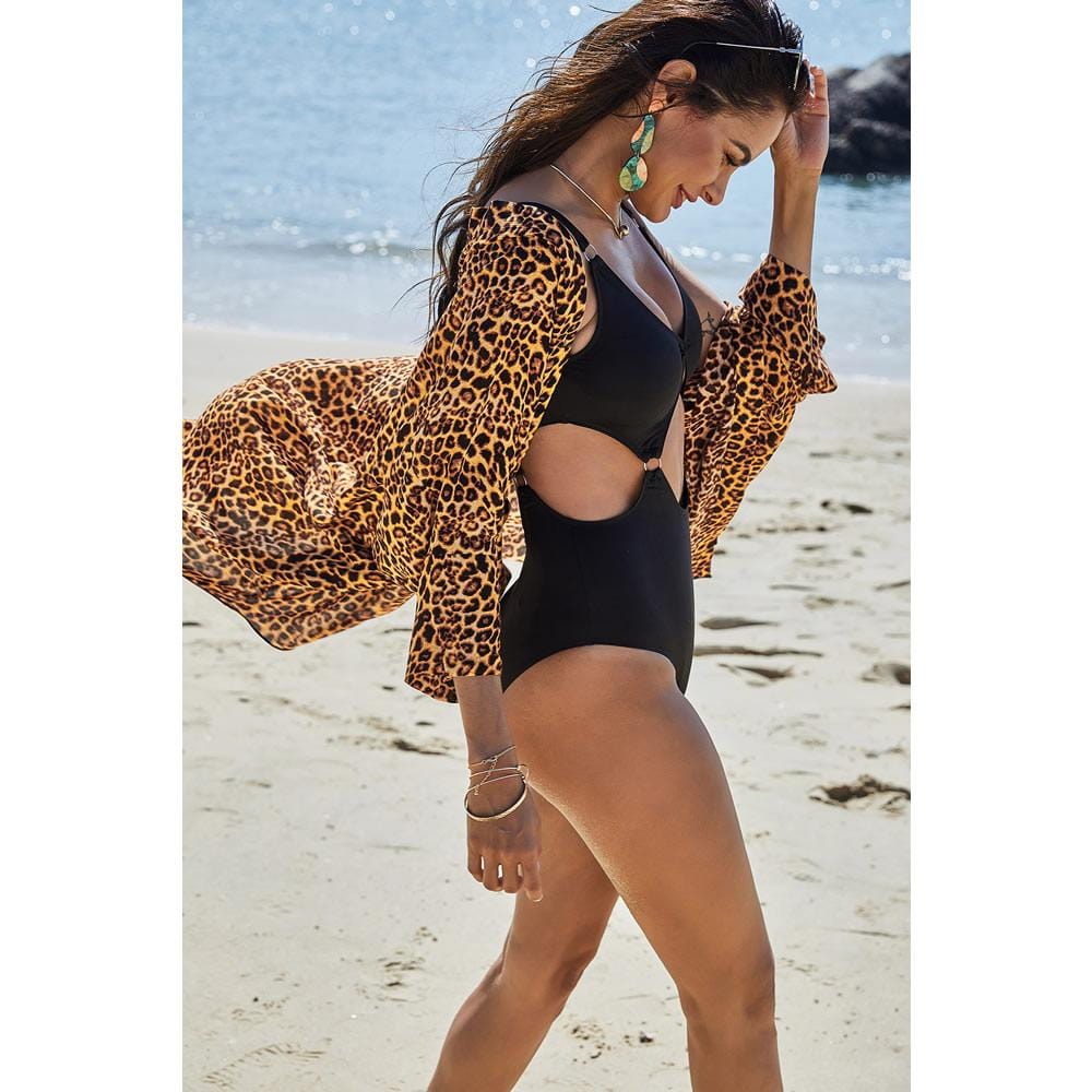 Leopard Pattern Chiffon V Neck Swimsuit Cover Up - Yosummer