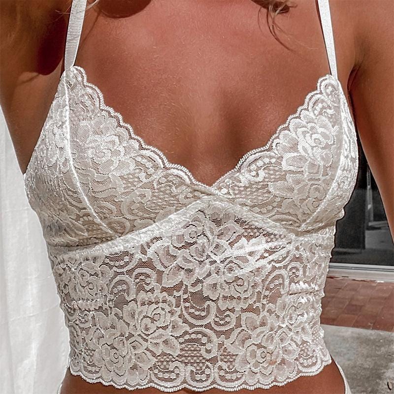 Scalloped White Lace V Neck Crop Top - Yosummer